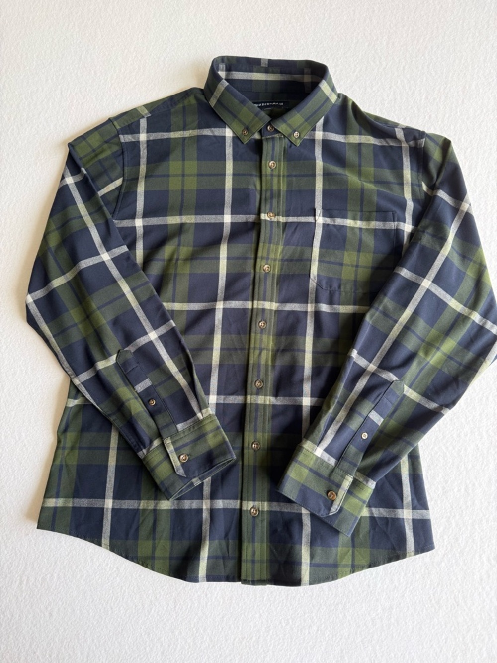 Mizzen + Main City Flannel Olive Navy Large Plaid Men’s XXL Trim